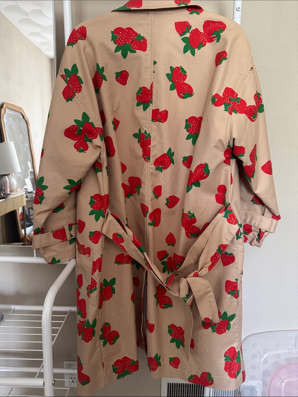 Anthropologie / Maeve Beige Trench Coat with Red & Green Strawberry Print - Picture 6 of 9